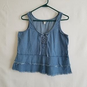 Cato Chambray Lace up Tank top with Frayed/Raw Edg